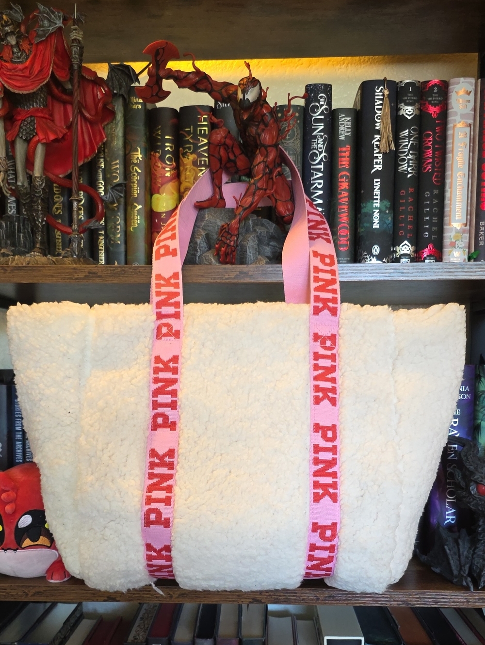 PINK Victoria's Secret Cream Sherpa Tote with Pink Logo Straps